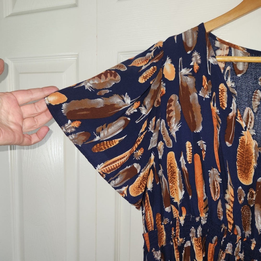 BloomChic Navy Blue Feather Print Smocked Waist V-Neck Midi Dress Size 18-20 - Picture 4 of 10